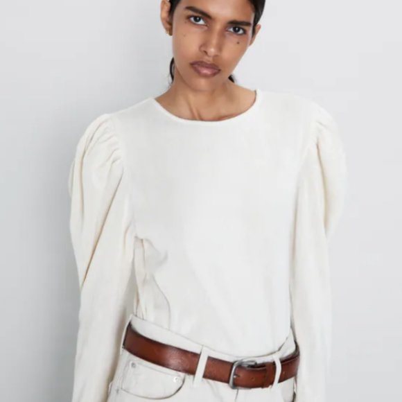 Zara Tops - Zara Cream Textured Puff Sleeve Long Sleeve Top